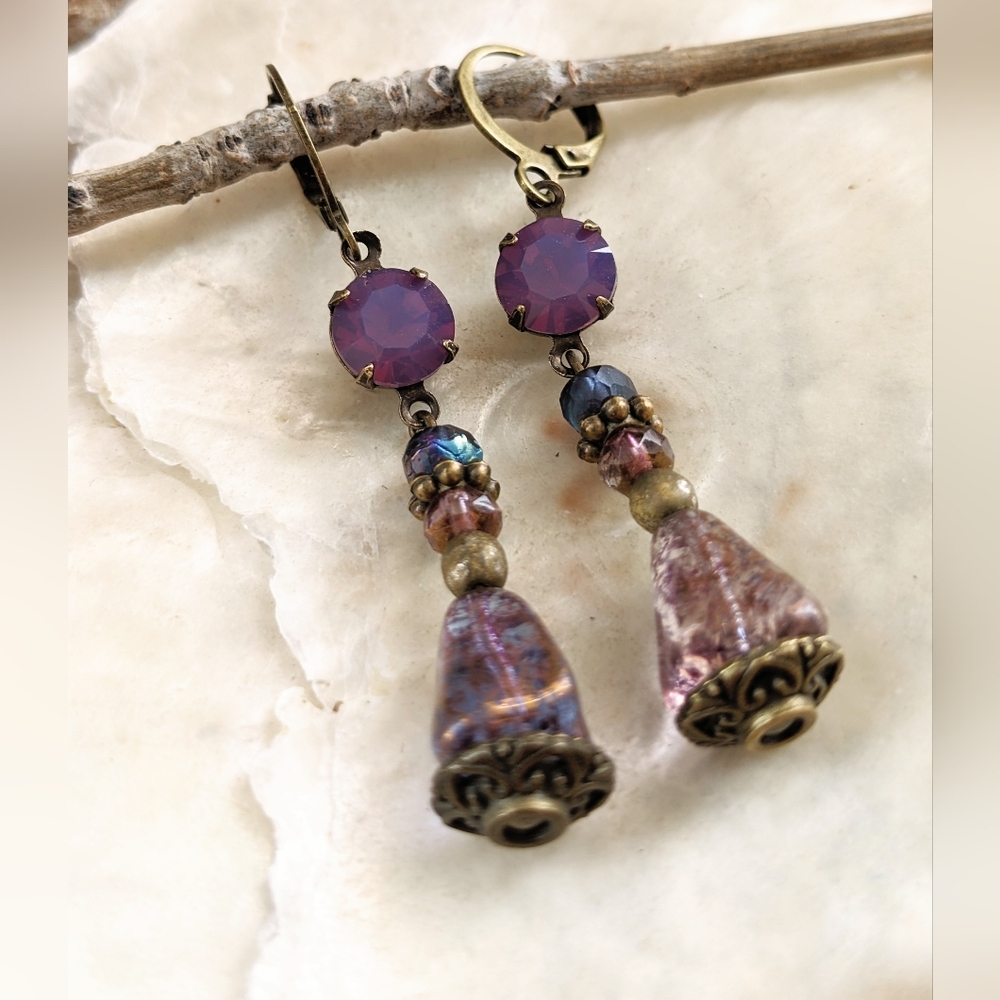 Victorian Purple Amethyst Opal Crystal & Glass Drop Earrings In Brass - Picture 5 of 6
